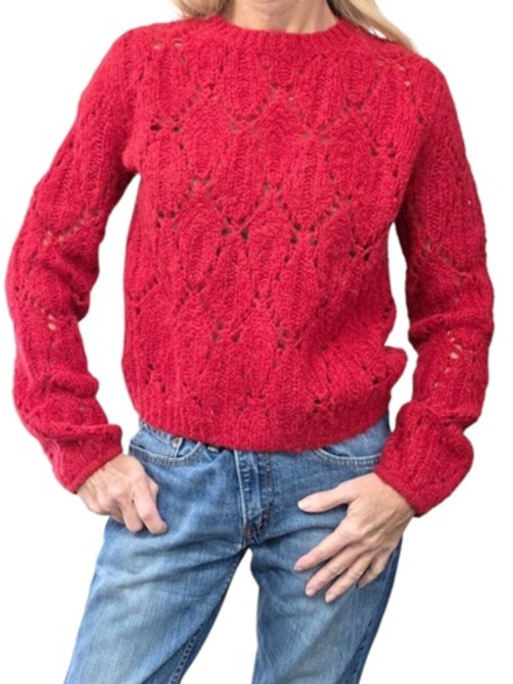 Reformation Red Alpaca Pointelle Knit Sweater M Crew Neck